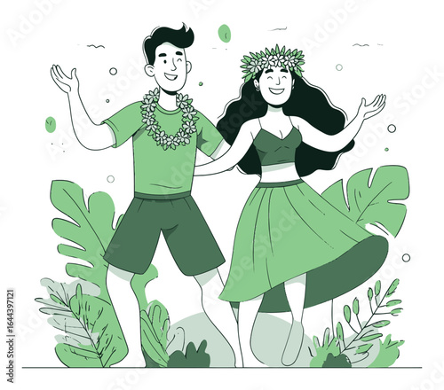 Happy Couple Dancing in Tropical Paradise Vector Cartoon Illustration