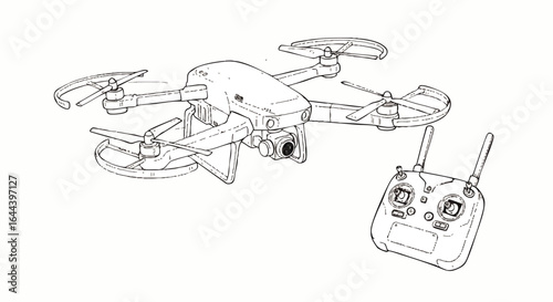 Detailed line art illustration of a modern quadcopter drone with propeller guards, a gimbal camera, and its remote controller.