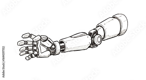 Detailed line art sketch of a futuristic, articulated robotic arm with an open hand gesture.