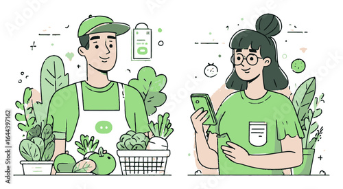Fresh Produce Market Illustration with Cartoon Characters and Green Elements