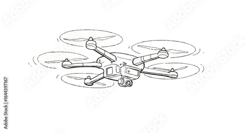 Detailed line drawing of a modern quadcopter drone in flight, equipped with a gimbal camera.