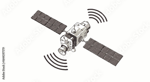 Detailed Satellite Illustration with Solar Panels and Signal Waves