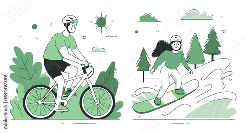 Fun Outdoor Activities with Cartoon Cyclist and Skateboarder in Nature