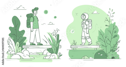 Adventurous Explorer and Astronaut on Wooden Pathway Surrounded by Nature