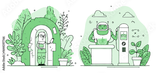 Green Vector Cartoon Illustration of an Astronaut in Nature and Science Scene