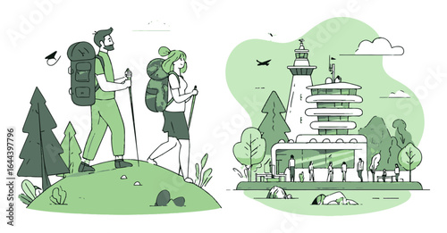 Cartoon Illustration of Hikers in Nature with Scenic Tower and Trees