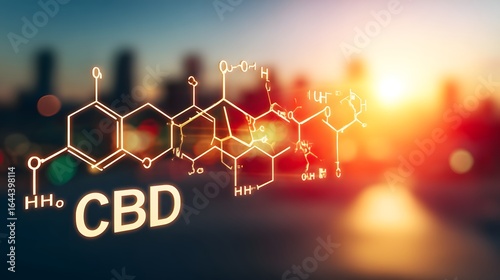 Chemical formula of cbd overlaid on a cityscape at sunset.