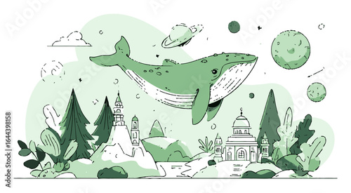 Green Whale Illustration with Landscapes and Planets in Cartoon Style