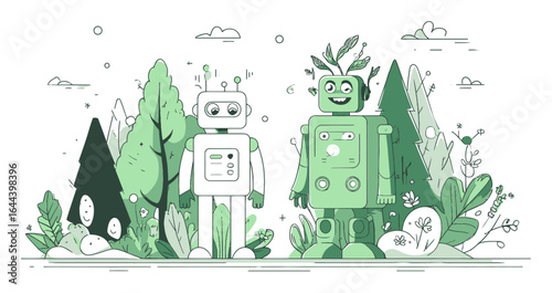 Friendly Robots in Nature: Vector Cartoon Illustration with Green Plants