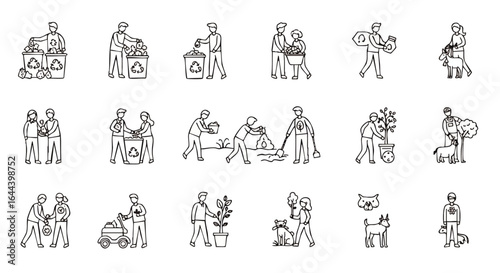 Eco-friendly volunteering doodle icon set showing recycling, community cleanup, and animal care.