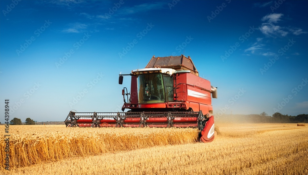 Obraz premium a large red combine harvester working on a golden wheat field under a clear blue sky agricultural machinery in action during harvest season