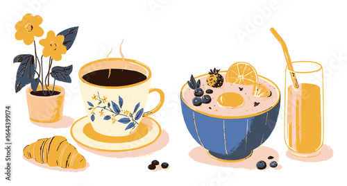 Colorful Breakfast Table with Coffee, Smoothie, and Pastry Elements