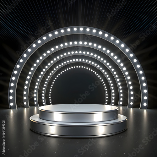 A sleek, modern 3D scene with a three-tiered metallic silver podium centered against a dark black background