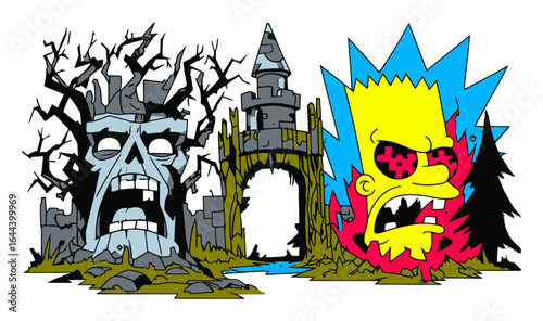 Abstract Illustration of Distorted Characters and Ruins in Bold Colors