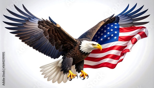Bald eagle in flight, American flag