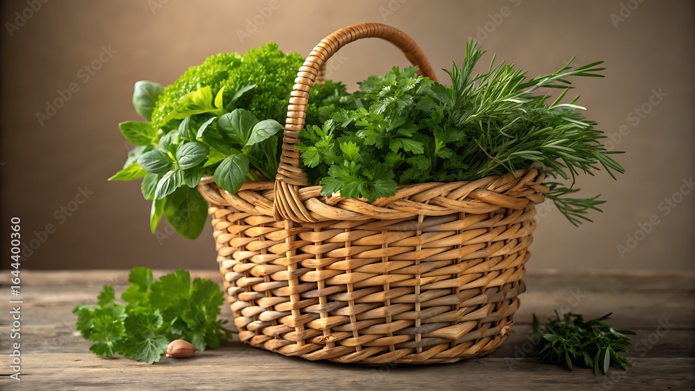 Fototapeta premium Wicker basket brimming with lush herbs like parsley and rosemary suitable for cookbooks, food blogs, and culinarythemed designs.