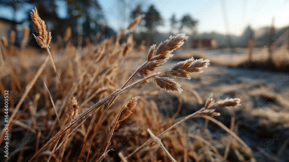 Fototapeta premium Close-up of dry wild grasses swaying in the wind du sunset in a natural landscape with blurred background and warm golden sunlight illuminating the scene