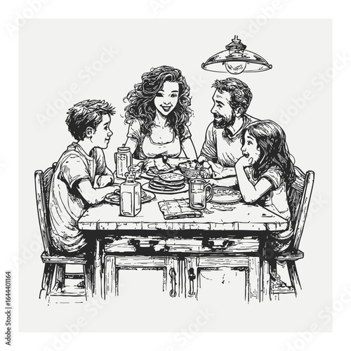 Hand-Drawn Engraving of Family Gathering Around Table During Meal Time