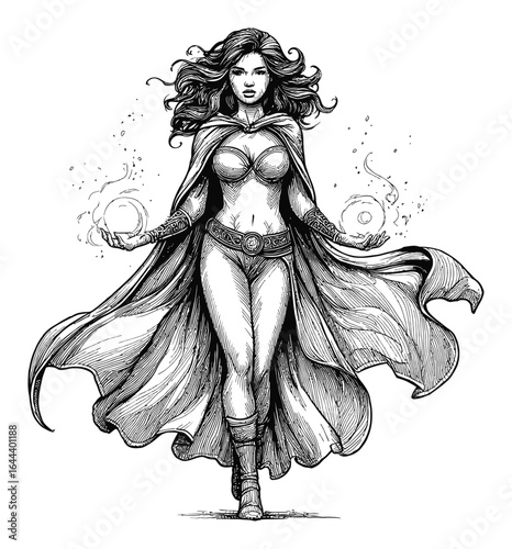 Mystical Woman Casting Spells in Hand-Drawn Engraving Style Artwork
