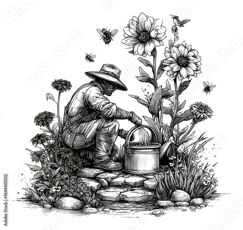 Detailed Hand-Drawn Engraving of a Gardener with Flowers and Bees