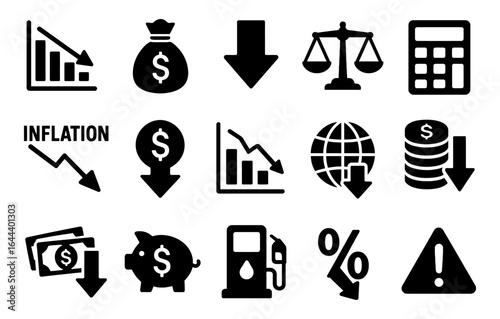 Economic downturn icons: inflation, market decline, finance symbols for presentations