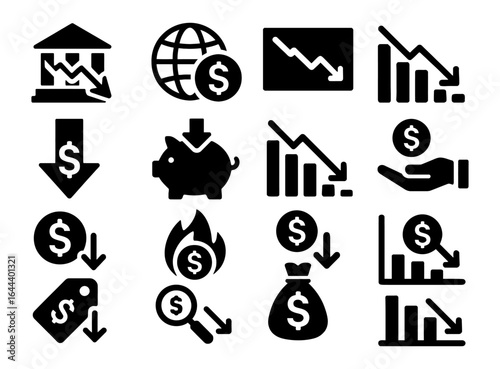 Economic downturn icons set: financial crisis, recession, decline trends