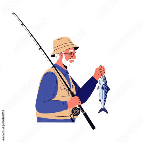 An elderly man proudly displays his freshly caught fish, holding it up with a fishing rod.