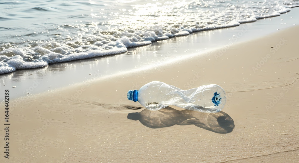 Obraz premium Plastic bottle washed ashore on a sandy beach with gentle waves
