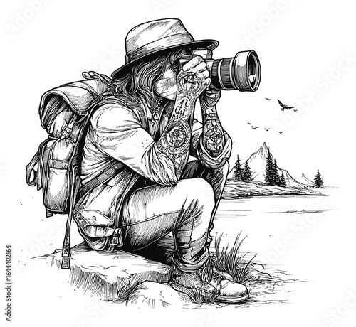 Detailed Hand-Drawn Engraving of a Photographer in Nature Setting