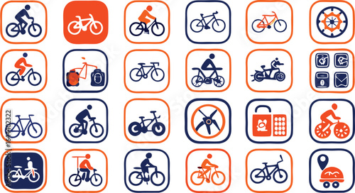 Collection of bicycle and cyclist icons in various poses and settings bike person riding bicycle