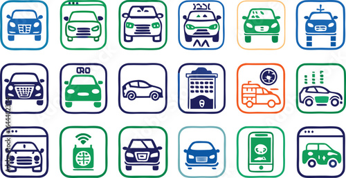 Collection of car icons with different models and driving concepts in green and blue auto vehicle