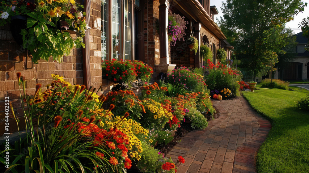 Vibrant garden filled with colorful flowers lines brick pathway leading to charming house. scene is adorned with hanging planters and lush greenery, creating welcoming atmosphere Vibrant garden filled with colorful flowers lines brick pathway leading to charming house. scene is adorned with hanging planters and lush greenery, creating welcoming atmosphere