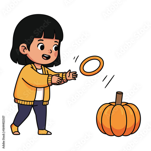 Cartoon Girl Playing Ring Toss with Pumpkin Game Illustration Autumn Festive Activity