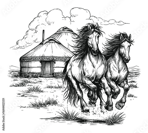 Hand-Drawn Engraving of Two Horses Galloping Near a Traditional Yurt