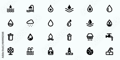 Water & Hydration Line Art Vector Icons — Water Drops, Waves, Rain, Water Cycle, Conservation, Aquatic Elements, and Environmental Symbols


