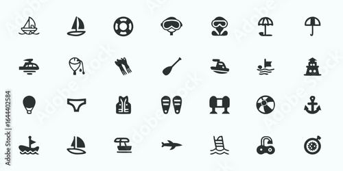 Water Sports & Recreation Line Art Vector Icons — Swimming, Surfing, Kayaking, Sailing, Diving, Water Polo, and Aquatic Activity Symbols

