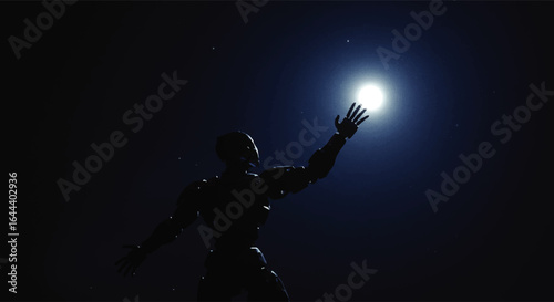 Futuristic android silhouette reaching its mechanical hand towards a glowing sphere of light.