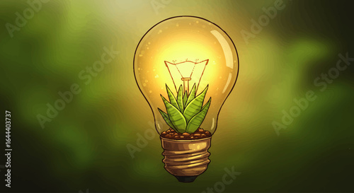 Glowing Light Bulb Containing Thriving Green Plant and Soil