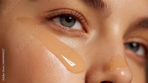 Close-up of woman with serum applied on cheek 
