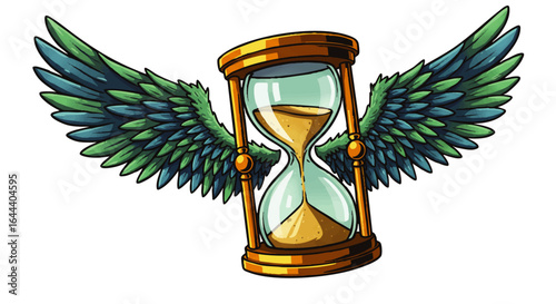 Golden hourglass with flowing sand and large, feathered blue-green wings in a cartoon style.