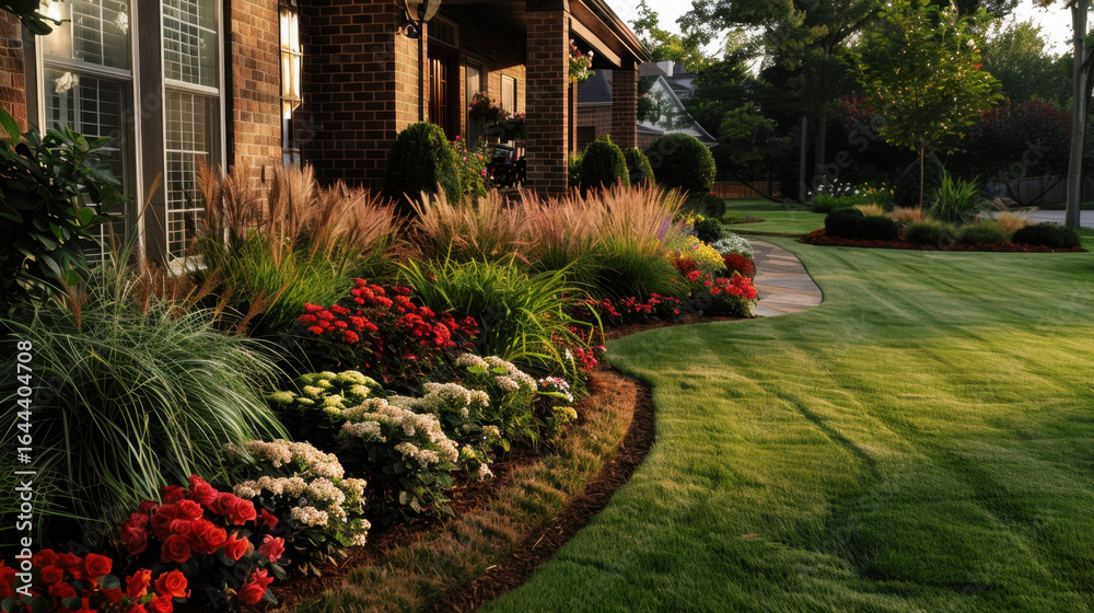 Beautifully landscaped garden featuring vibrant flowers, lush greenery, and well maintained grass. scene captures serene outdoor space with colorful blooms and ornamental plants, creating Beautifully landscaped garden featuring vibrant flowers, lush greenery, and well maintained grass. scene captures serene outdoor space with colorful blooms and ornamental plants, creating