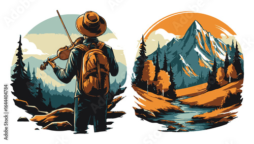 Scenic Hiker Journey Through Colorful Mountains and Waterway Landscape