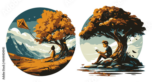 Beautiful Nature Scenes with Sunset and Mountain Landscape Illustration