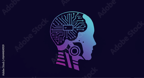 Gradient silhouette of a robotic head with a detailed circuit board brain.