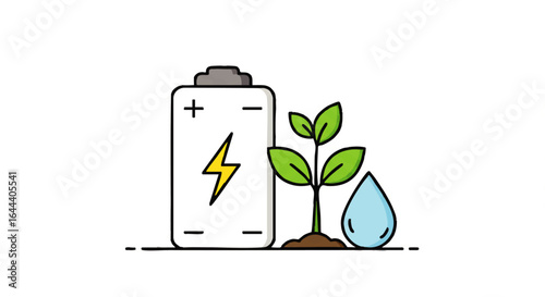 Green Energy Battery Illustration:  White Rechargeable Battery with Lightning Bolt, Growing Plant, and Water Drop