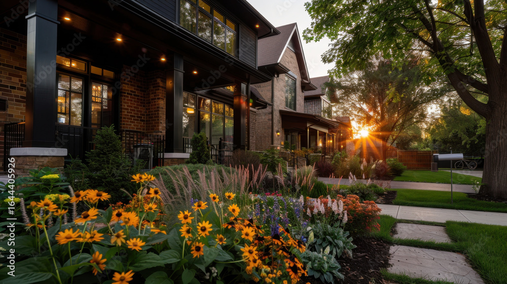 Fototapeta premium Beautiful residential neighborhood featuring charming houses with vibrant flower gardens in foreground. warm glow of sunset enhances inviting atmosphere, creating serene and picturesque scene