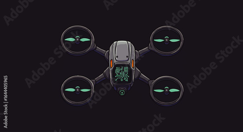 Futuristic quadcopter drone illustration with a glowing green circuit board screen and teal propellers, viewed from above.