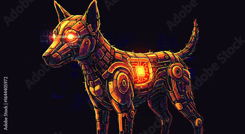 Futuristic robotic dog illustration with a glowing orange eye and an illuminated CPU core.