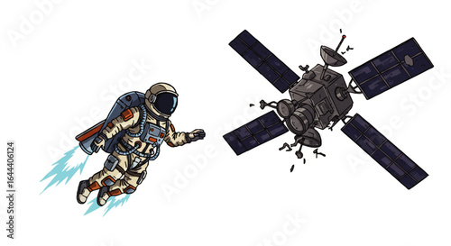 Hand-drawn astronaut in a spacesuit with a jetpack flying towards a damaged communication satellite.