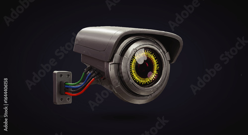 Futuristic robotic surveillance camera with a glowing yellow bionic eye lens and exposed colorful wires.